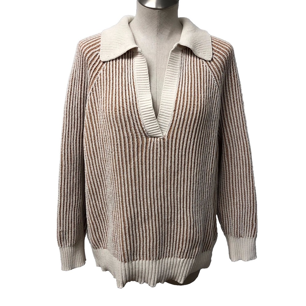 Aerie Sweater Jumper Womens Small Beige White Stripe V Neck Pullover Oversize